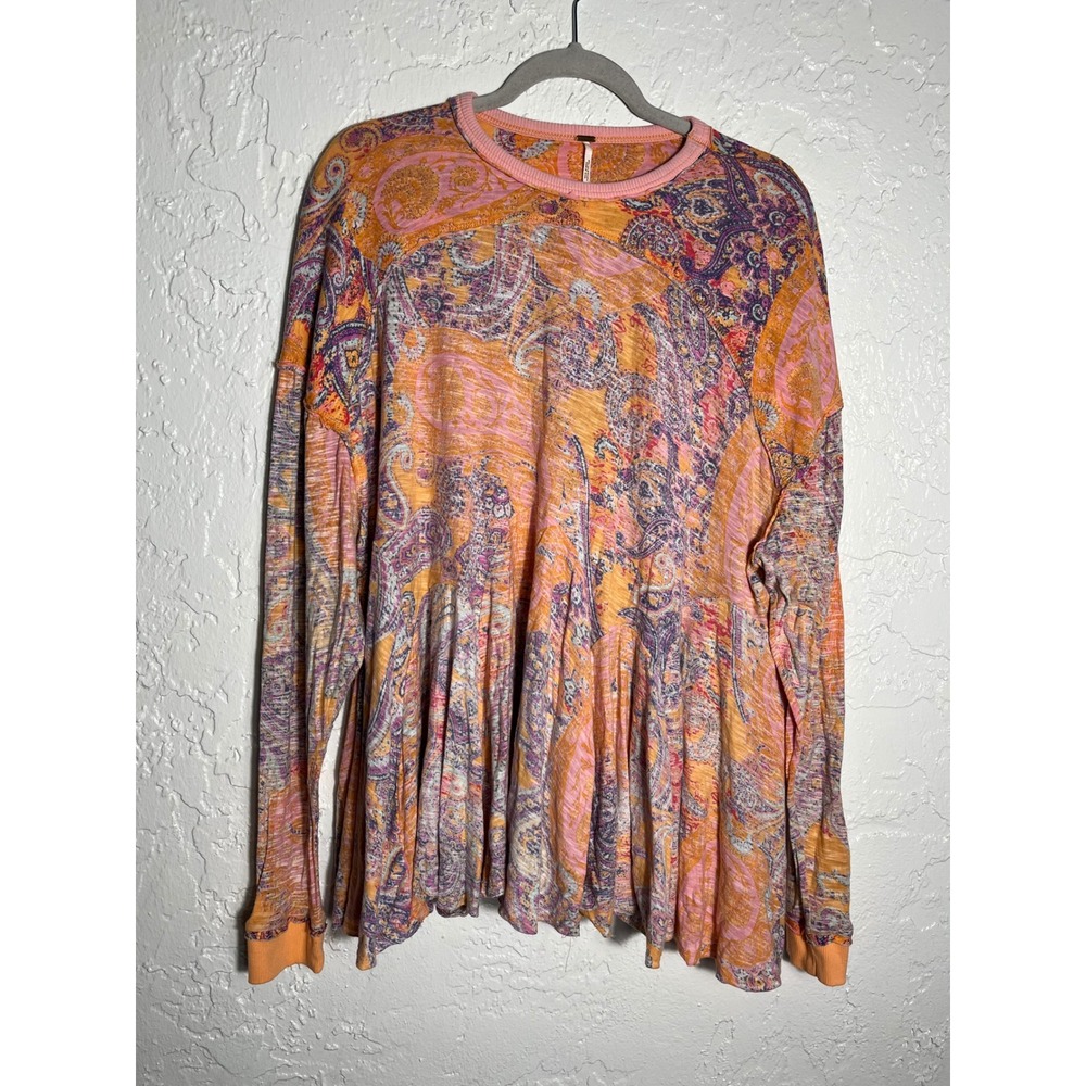 Free People XS Paisley Print Swing Tunic Top Long Sleeve Pink Orange Boho